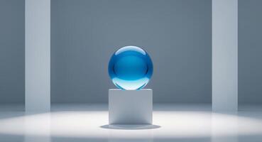 Blue glass sphere placed on a white pedestal with soft lighting and shadow effects in a studio setting. photo