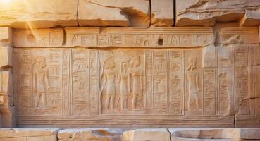 Ancient Stone Wall with Carvings and Hieroglyphics in Sunlight photo