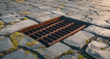 Rusty Metal Grate Embedded In Aged Stone Pavement photo