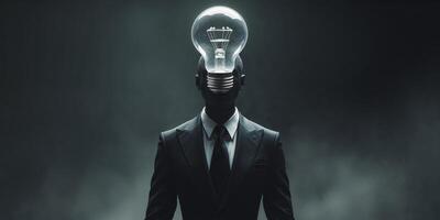 Person in a suit with a light bulb for a head symbolizing creativity and ideas in a dark setting photo
