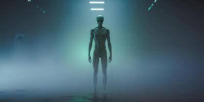Mysterious alien figure captured in a dimly lit extraterrestrial setting photo