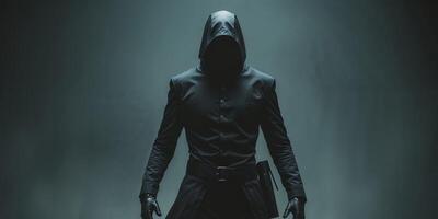 Mysterious figure in black attire prepares for action in dimly lit setting. photo