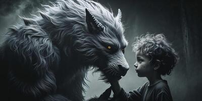 Mysterious Beast and Child in a Dark Setting photo