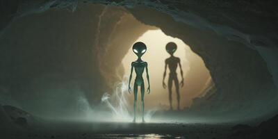 Mysterious alien figure stands in a cave with another silhouette in the background at twilight photo