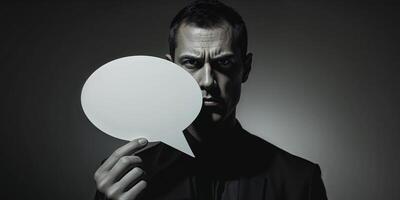 Man Holding Blank Speech Bubble with Serious Expression on Black Background photo
