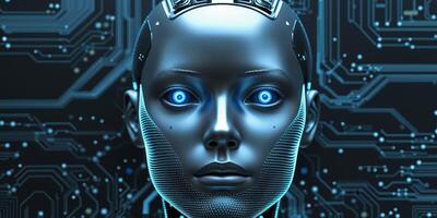 Robot Head Technology and Artificial Intelligence Concept with Circuit Background. photo