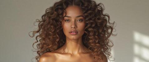 Model with Big Curls in Natural Light Studio Setting photo
