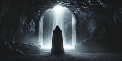Mysterious figure standing before a glowing portal in a cave setting at twilight. photo