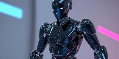 Futuristic Robot Character with Sleek Design and Glossy Black Finish in an Abstract Setting. photo