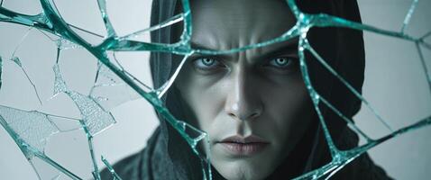 Mysterious figure gazes through shattered glass with an intense expression and piercing eyes photo