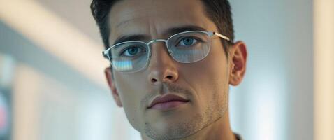 Focused Man Wearing Glasses with Digital Reflection in Eyes. photo