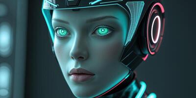 Cyberpunk Female Android with Futuristic Helmet and Neon Accents photo