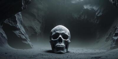 Dark and Mysterious Skull Engraved Stone in Shadowy Cavern Setting. photo