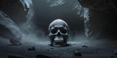 Dark and Mysterious Skull Engraved Stone in Shadowy Cavern Setting photo