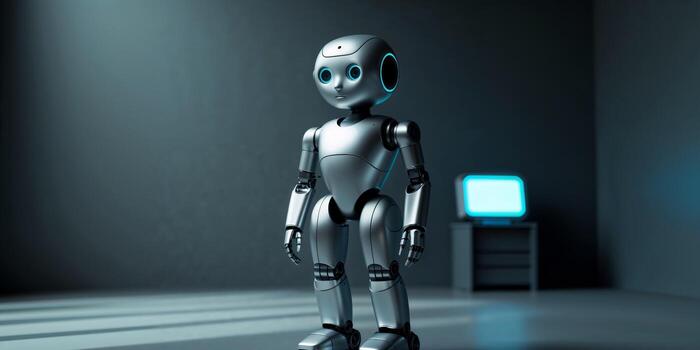 A robot standing in front of a computer photo