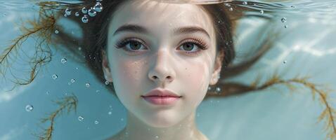 A young girl under water with her eyes closed photo