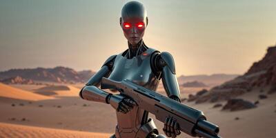 A robot with red eyes standing in the desert photo