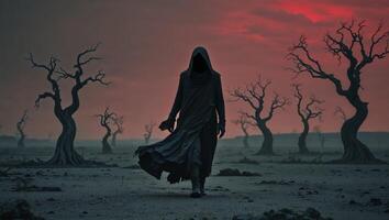 A person in a hooded robe walking through a field of dead trees photo
