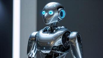 A robot with glowing eyes standing in front of a wall photo