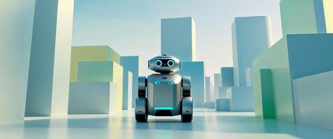A robot is standing in front of a city photo