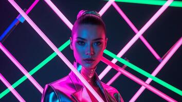 Dynamic Neon Lights on Stylish Model in Studio. photo