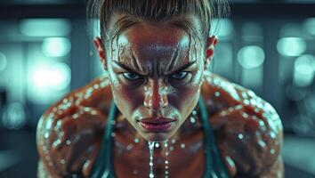 Determined Athlete Pushing Through Intense Workout Sweat and Veins Visible in Vivid Digital. photo