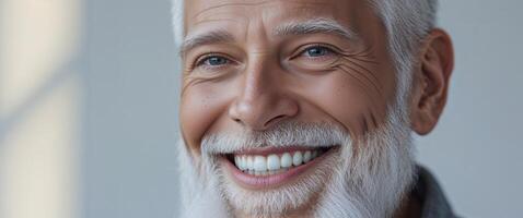 Closeup of a smiling senior man with a white beard showing perfect white teeth photo