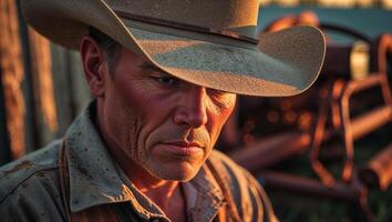 Cowboy with worn hat gazes down contemplatively in a rustic setting at dusk. photo