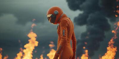 A man in an orange space suit is walking through a fiery landscape. photo