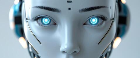 A close up of a robot's face with blue eyes. photo