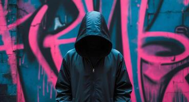 Mysterious Hooded Figure in Urban Graffiti Scene. photo