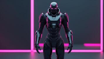 Futuristic armored figure illuminated with glowing pink accents in a dark setting demonstrating advanced technology and design aesthetics photo
