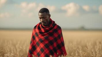 A man in a red and black checkered shawl standing in a field. photo