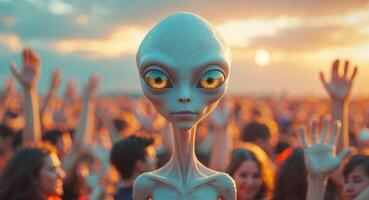 Alien figure stands amidst a crowd during a sunset event with colors reflecting in its eyes photo