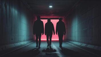 Silhouetted Figures Walking Through Urban Tunnel with Bright Exit Light at End of Passage photo