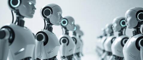 Robots Standing in a Row Futuristic Technology and Artificial Intelligence Concept. photo