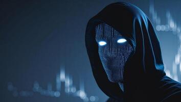 Mysterious Hacker in Hood with Digital Code Reflected. photo