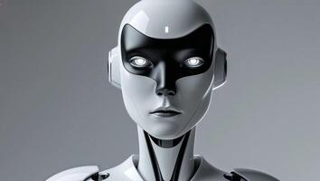 A robot with a black and white face photo