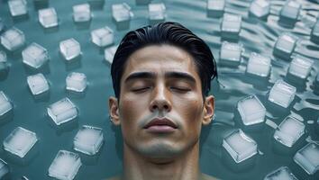 A man is floating in water with ice cubes photo