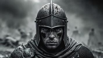 A man in armor is looking at the camera photo