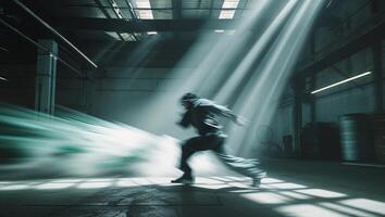 A man is running through a warehouse with beams of light photo