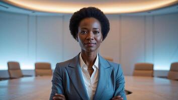 A woman in a business suit standing in front of a conference table photo