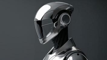 Futuristic robot wearing a protective helmet illustrating advancements in robotics and technology in modern society. photo