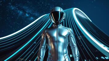 a man in a futuristic suit standing in front of a futuristic building photo