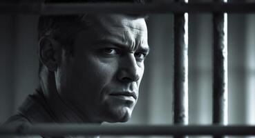 Intense gaze of a man behind bars in a dimly lit environment depicting resilience and strength during a moment of reflection. photo
