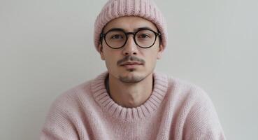 Man in Pink Sweater and Beanie with Glasses photo