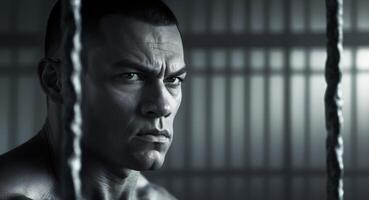 Intense gaze of a man behind bars in a dimly lit environment depicting resilience and strength during a moment of reflection photo