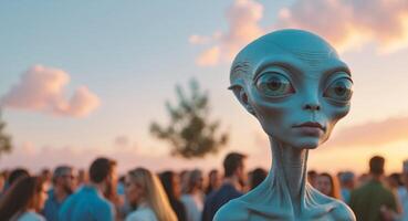 Extraterrestrial figure attending an outdoor gathering during sunset with an audience in the background. photo