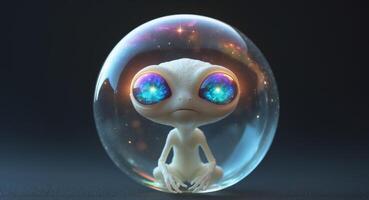 An alien creature with huge eyes surrounded by space in a bubble photo