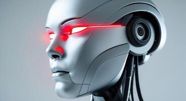 A futuristic robot head with glowing red illuminated features photo